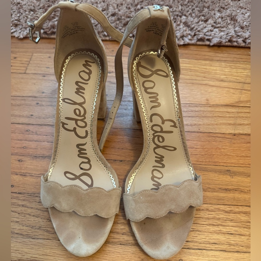 Sam Edelman Beige Suede Scalloped Ankle Strap Heels